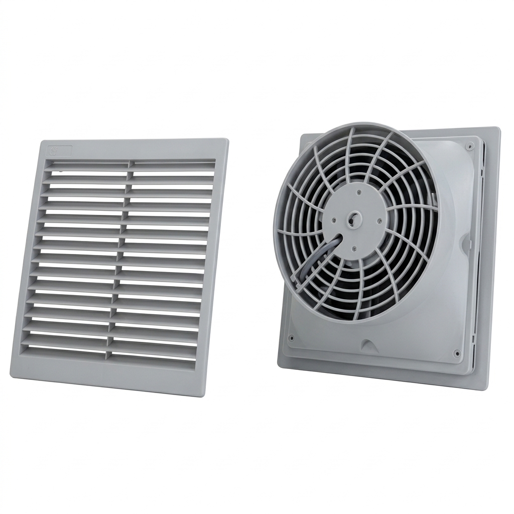 Ventilador con filtro para armarios eléctricos, Dimensiones 152 x 152 x 75 mm. IP43/Tipo1